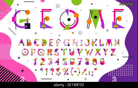 Geometric shapes font letters, creative stylish typeface. Geometric shapes vector typeset, funky graphic type. English alphabet or ABC font or typeface with purple, pin and green shapes Stock Vector