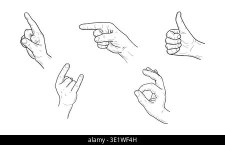 Hands showing various gestures, hand-drawn sketch. Vector illustration. Set of palms pointing at a target, fists, and fingers, simple drawing isolated Stock Vector