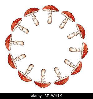 Fly agaric inedible mushroom wreath in cartoon style. Decorative forest fungi composition isolated on white background for menu design, nature theme Stock Vector