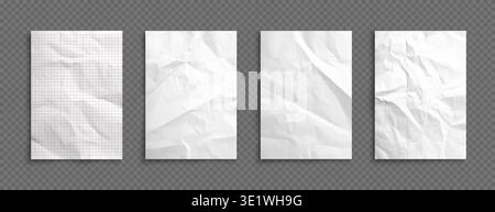 Crumpled paper and school notebook sheets with wrinkled texture, realistic vector. Graph paper or squared copybook pages with crumples and folds on white blank background for posters or documents Stock Vector