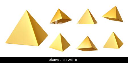 3d golden pyramids vector set of different angle views. Isolated realistic vector glossy geometric shapes with metallic surface, light reflections representing abstract forms and luxury value figures Stock Vector