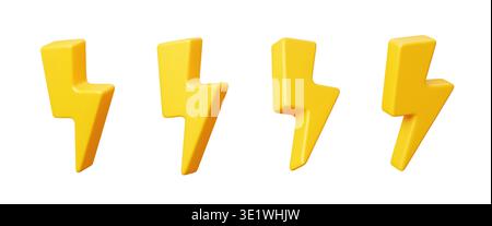 3D yellow lightning icons or thunder bolt and electric power energy arrows, vector icons. Yellow lightning 3D realistic elements of thunderbolt flash or battery power and electricity energy charge Stock Vector