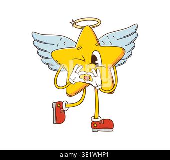 Cartoon groovy star character with angel wings and glowing halo. Funky vector mascot in red sneakers playfully winking and forming heart shape with its hands. Trippy personage for Valentine's graphic Stock Vector