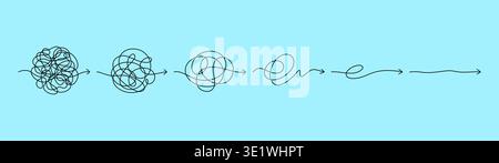 Simplify problem process to easy complex tasks, psychology, vector mind transform. Progression from a chaotic, tangled scribble gradually transforming into a smooth, straight line of mind thoughts Stock Vector