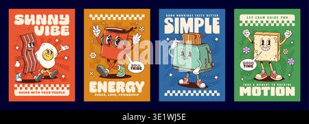 Breakfast groovy hippie characters posters with slogans sunny vibe and shine with your people. Soul tribe, peace, love or friendship, good morning taste better. Good time, take a moment to breathe Stock Vector