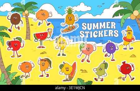 Cartoon groovy tropical fruit characters at summer beach holidays, vector stickers. Funny groovy tropical fruit characters at sea, funky pineapple on surfboard with banana and papaya in sunglasses Stock Vector