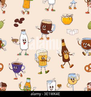 Groovy drink characters seamless pattern background. Retro vector pattern featuring milk bottle, cereal bowl, beer mug, soda bottle, honey jar, coffee cup, tea cup, sugar cubes, and hop cone for menu Stock Vector