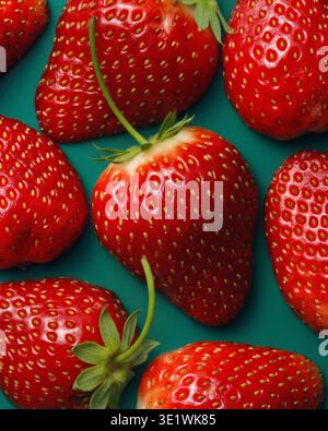 Fresh Strawberries Pattern on Teal Background Stock Photo