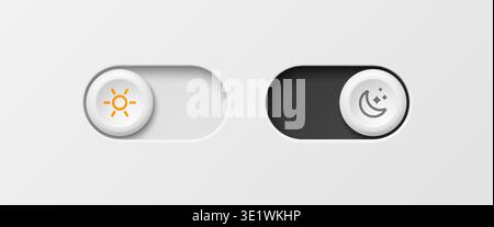 Night and day mode switch button, light or dark toggle slider. Mobile app interface states, sun and moon icons. Realistic 3d vector modern ui control element for digital application settings Stock Vector