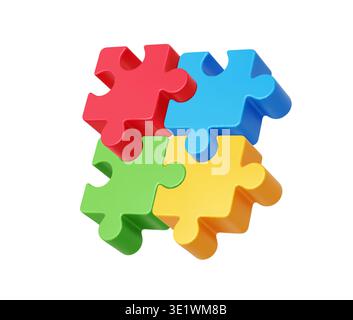 3d jigsaw puzzle pieces game toy icon, success solution. Vector colorful puzzle blocks connected together forming symbol of teamwork, logic thinking, integration, problem solving, business process Stock Vector