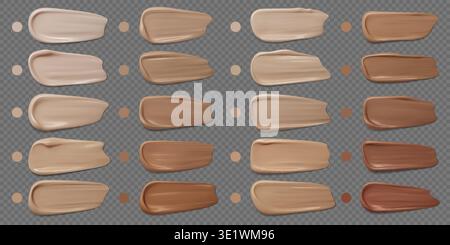 Realistic beige and brown makeup foundation cream swatches, cosmetic concealer. skincare cosmetics drops set. Liquid powder or bb creme. 3d vector creamy glossy finish, beauty skincare product samples Stock Vector