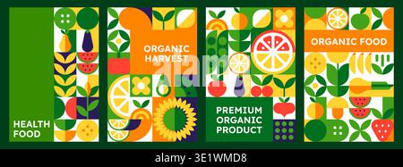 Organic food fruits and vegetables farm market posters with geometric pattern for health market. Vector premium organic farm eco products retro banners with lemon, orange, apple, pear and watermelon Stock Vector