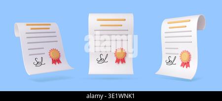 3d achievement certificate, education diploma, graduate and qualification scroll document with seal and ribbon. Vector icon of official approval, school graduation, academic success and training Stock Vector