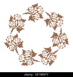 Wreath with flat style cotton branch, boll and leaves arranged in circle. Illustration background for textile print, organic packaging and invitation. Stock Vector