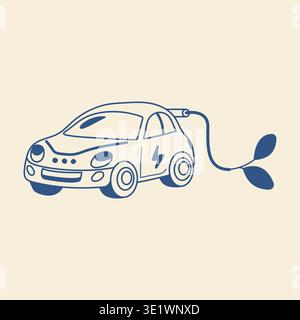 Cute electric car with charging cable doodle vector illustration green transport Stock Vector