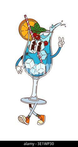 Cartoon groovy hippie drink cocktail funny character with funky face, vector beverage glass cup. Groovy cocktail drink character with berries, ice cubes and orange fruit with silly smile and whistling Stock Vector