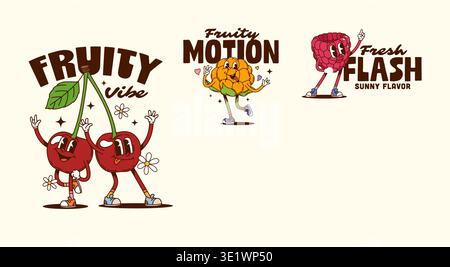 Funny berry groovy characters stickers and t shirt prints. Vibrant retro vector stickers featuring cherry, gooseberry, blueberry, yellow and red raspberry. Funky mascots for cheerful merchandise Stock Vector