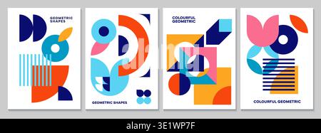 Abstract modern posters with geometric pattern background. Minimal art line graphic vector posters of circle, square and triangle shapes mosaic. Trendy abstract geometric banner or cover patterns Stock Vector