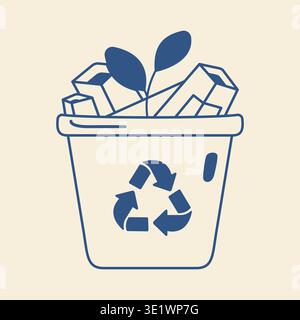 Trash bin with recycle symbol and leaves vector outline doodle waste management Stock Vector