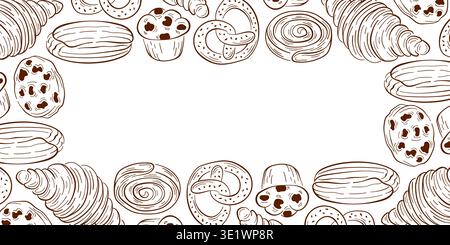 Bakery pastries border with croissant, pretzel, cookie and sweet rolls in line art style. Illustration background for menu, gift card and wrapping. Stock Vector