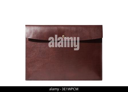 Mock-up minimalist brown leather envelope-style document sleeve with snap button closure isolated on White Background Stock Photo