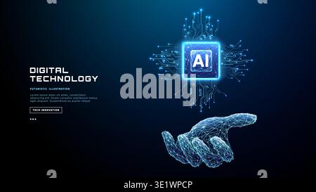 AI chip held by human hand with circuit connections spreading outward Stock Vector