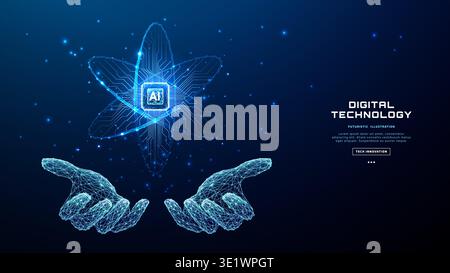 Digital butterfly emerges from hand against abstract tech background Stock Vector