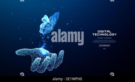 Digital butterfly emerges from hand against abstract tech background Stock Vector