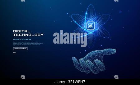Digital wireframe hand holding AI chip hologram with atom icon. Stock Vector