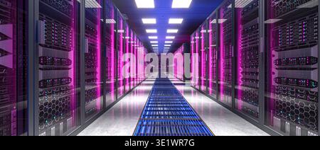 Server racks with glowing lights 3d data center Stock Photo