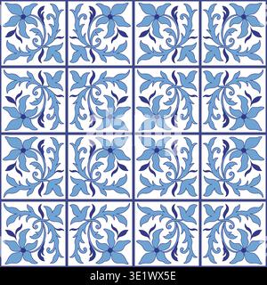 Holland traditional painted ceramic tiles. Blue floral ornament. Blue curved flowers and leaves on white background. Rustic style seamless pattern Stock Vector