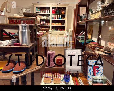 Studiòteca, Florence, Italy. Artisan art studio interior displaying unique home goods, textiles, and accessories for sale. Stock Photo