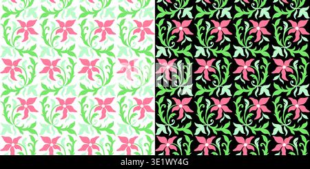 Delicate pink flowers and green leaves on white and black background. Plant seamless pattern. Curved leaves and flowers in ethnic style Stock Vector