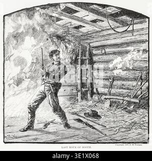 John Wilkes Booth stands defensively in a burning wooden barn, holding a rifle and looking intensely to the left where flames engulf the structure, surrounded by debris and hay. in Chapter cxxiv Disunion and Civil War. From BOOK XXI. - The United States in volume 15, of Ridpath's Universal history : an account of the origin, primitive condition and ethnic development of the great races of mankind, and of the principal events in the evolution and progress of the civilized life among men and nations, from recent and authentic sources with a preliminary inquiry on the time, place and manner of th Stock Photo