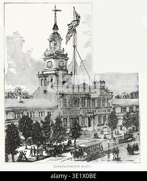 Independence Hall from a historical illustration, showing the iconic building with its clock tower and flag, surrounded by people, carriages, and a trolley on a bustling street. in Chapter cxxv Epoch of Reconstruction. From BOOK XXI. - The United States in volume 15, of Ridpath's Universal history : an account of the origin, primitive condition and ethnic development of the great races of mankind, and of the principal events in the evolution and progress of the civilized life among men and nations, from recent and authentic sources with a preliminary inquiry on the time, place and manner of th Stock Photo