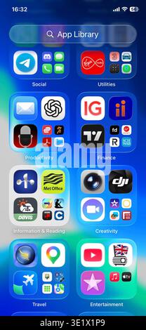 Smartphone app library screen showing grouped mobile apps for social, finance, productivity and travel on iOS interface. Stock Photo