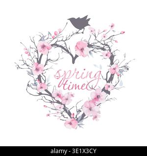 Heart frame with a spring bird . Hand drawn. Not AI, vector illustration. Stock Vector