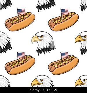 Seamless vector pattern of hot dogs with mustard and American flags, and eagle heads for patriotic celebrations Stock Vector
