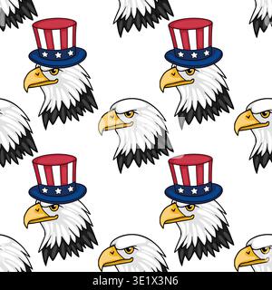 Seamless vector pattern of patriotic bald eagle heads wearing Uncle Sam hats, perfect for Fourth of July celebrations and American themes. Stock Vector