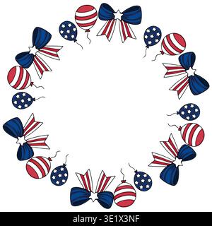 Festive vector illustration of red, white, and blue balloons and bows with stars and stripes, forming a circular frame for Independence Day celebratio Stock Vector