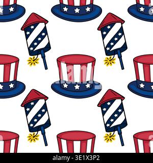 Seamless vector pattern of Uncle Sam hats and fireworks for Fourth of July celebrations Stock Vector