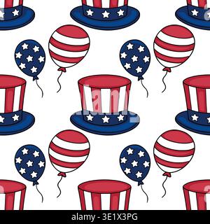 Seamless vector pattern of Uncle Sam hats and balloons in red, white, and blue for Independence Day celebrations. Stock Vector
