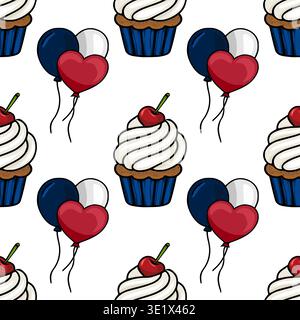 Seamless vector pattern of festive cupcakes with red, white, and blue balloons, perfect for patriotic celebrations Stock Vector