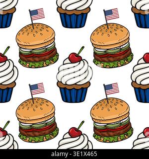 Seamless vector pattern of festive American burgers and cupcakes with US flags Stock Vector