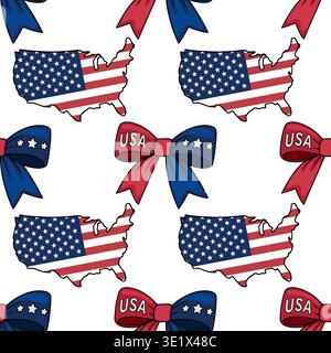 Seamless vector pattern of USA map and patriotic bows in red, white, and blue Stock Vector