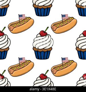 Seamless vector pattern of festive cupcakes with cherries and hot dogs with American flags, perfect for July 4th celebrations. Stock Vector