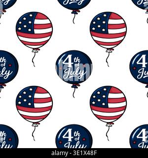 Seamless vector pattern of USA flag balloons and "4th of July" text for patriotic celebrations Stock Vector