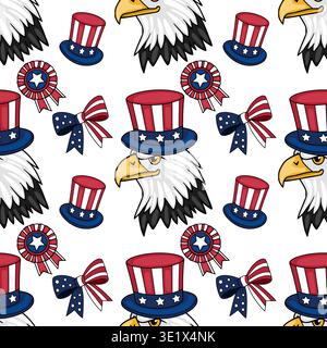 Seamless vector pattern of patriotic American eagles wearing Uncle Sam hats, with stars and stripes bows and rosettes Stock Vector