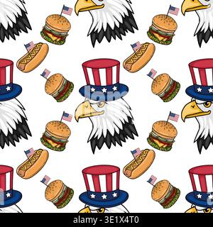 Seamless vector pattern of patriotic American eagles in Uncle Sam hats with burgers and hot dogs, celebrating 4th of July Stock Vector