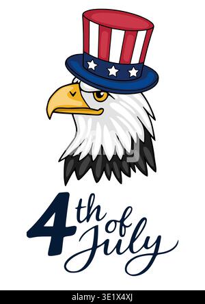 Festive vector poster illustration of an eagle wearing an Uncle Sam hat, celebrating the 4th of July with bold typography. Stock Vector